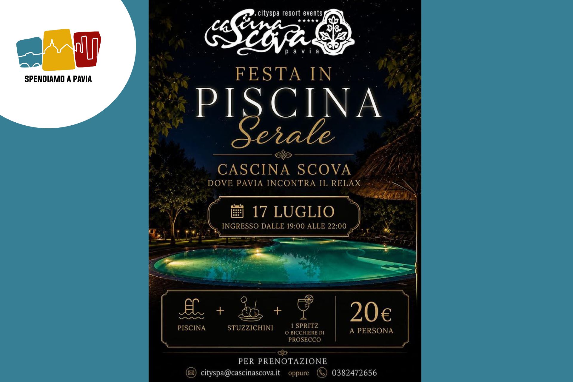 Festa in Piscina Serale alla Cascina Scova: il 17 luglio un aperitivo esclusivo sotto le stelle