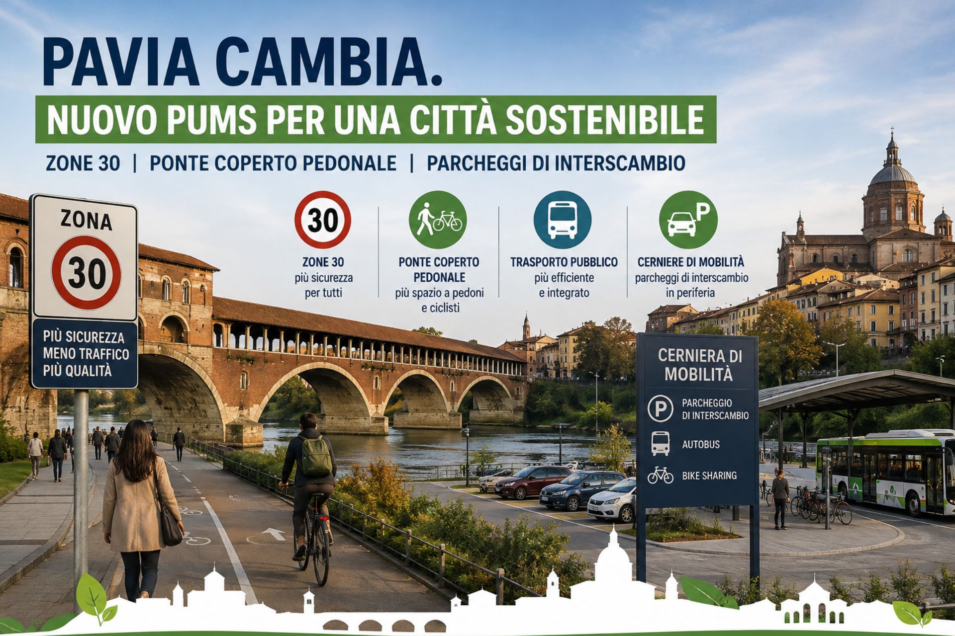 Pavia, nuovo PUMS: zone 30, ponte Coperto pedonale e parcheggi di interscambio per ridisegnare la mobilità cittadina